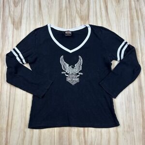 Y2K Harley Davidson Women's Long Sleeve Biker T Shirt Black Large Santa Fe NM
